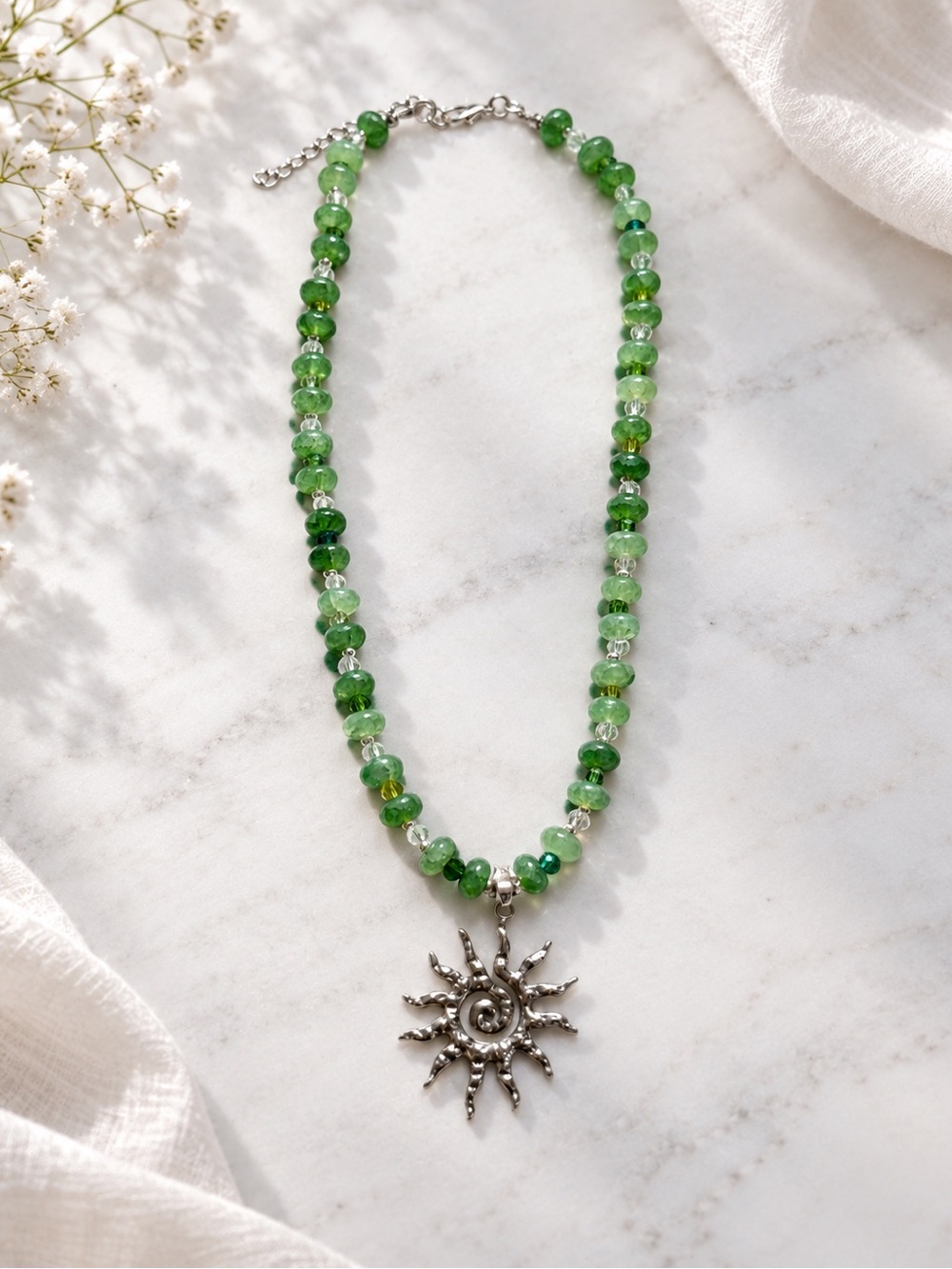 Green Agate and Crystals Beaded Silver Sun Pendant Necklace